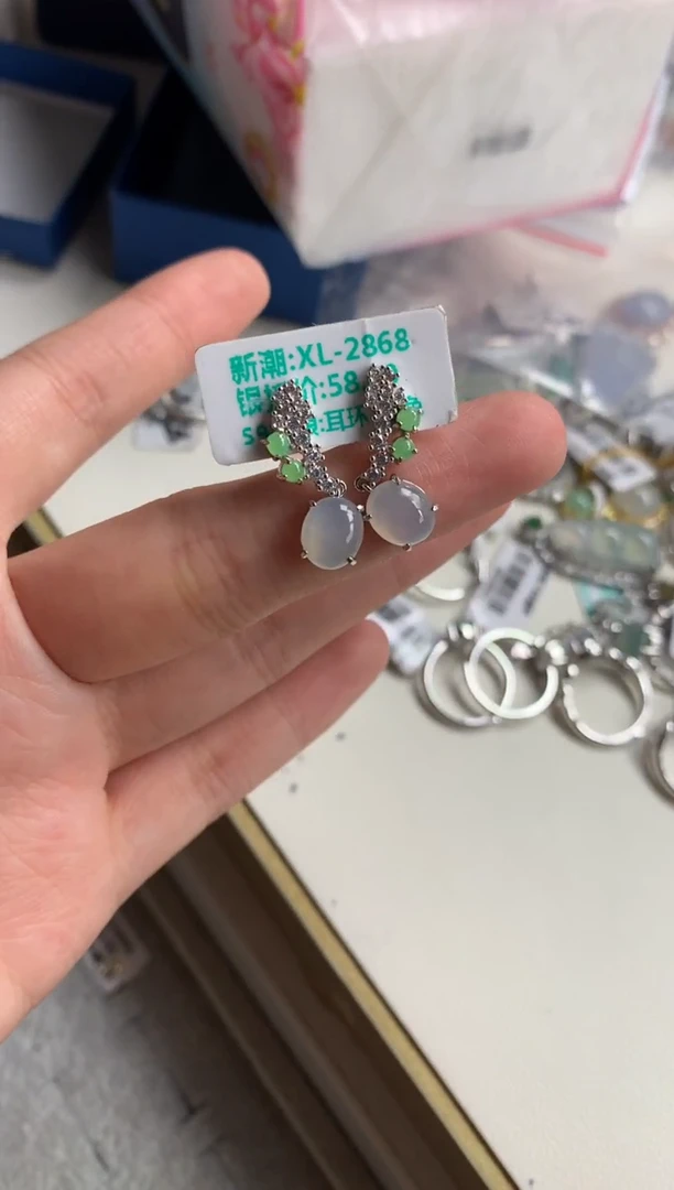 银S925镶嵌戒指翡翠耳饰3