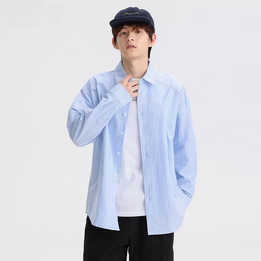 2025春秋季新款日系复古竖条纹长袖衬衫男潮牌街头宽松衬衣外套男