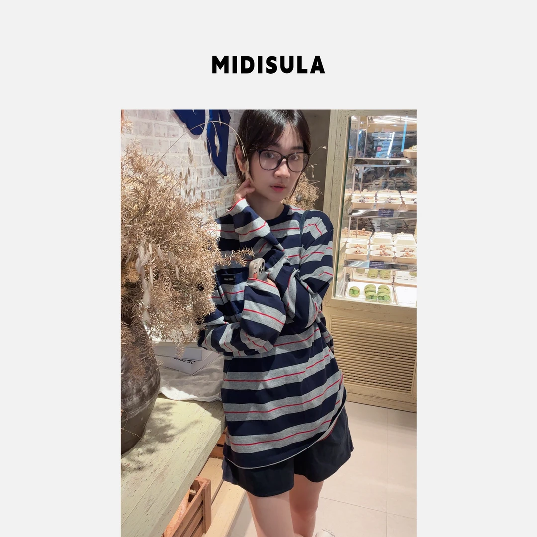 阿玉家&深圳南油女装欧货M家字母贴口袋横条纹圆领长袖T恤#1226