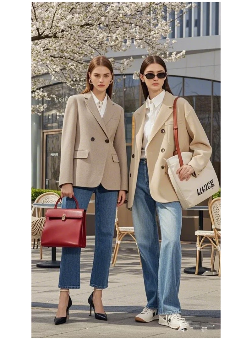 女士外贸IC禾米色夹花立体有型羊毛真丝混纺质感平纹西装套装