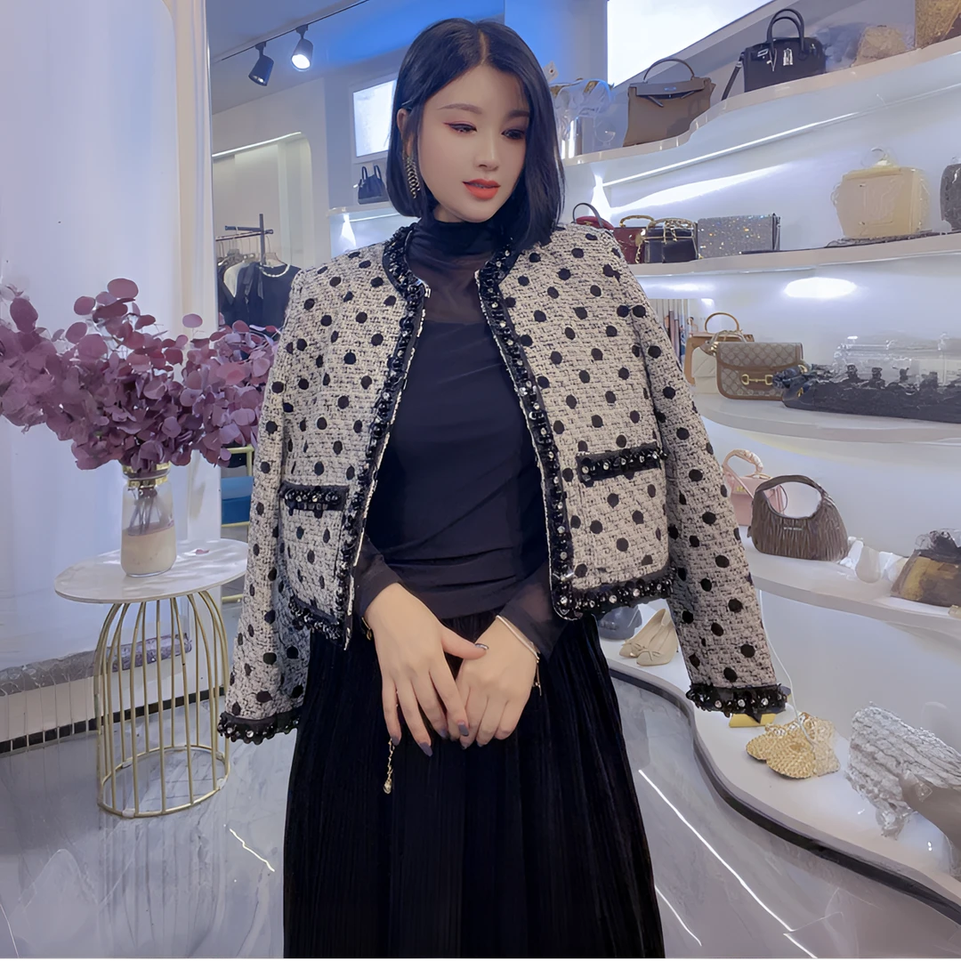 QUEEN【重工钉珠圆点羊毛小香】(时尚气质百搭秋冬拼接炸街小香风）