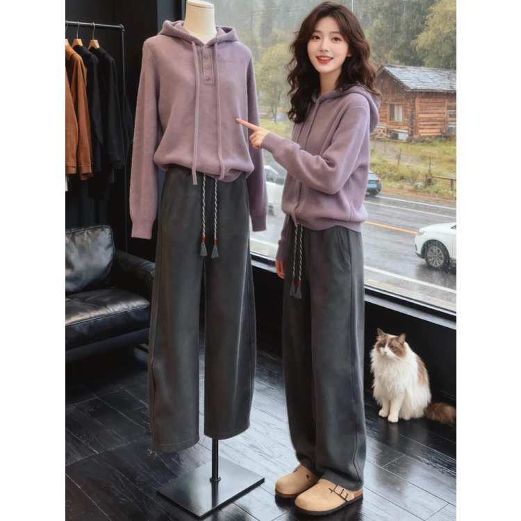 时尚2025秋冬季新款韩系巨好看紫色连帽针织衫灰色裤子一整套女装