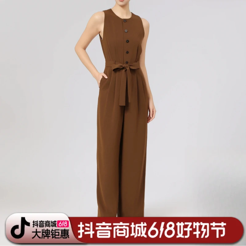阿玛施春夏新款女装气质宽松百搭方领无袖收腰工装连体裤510012