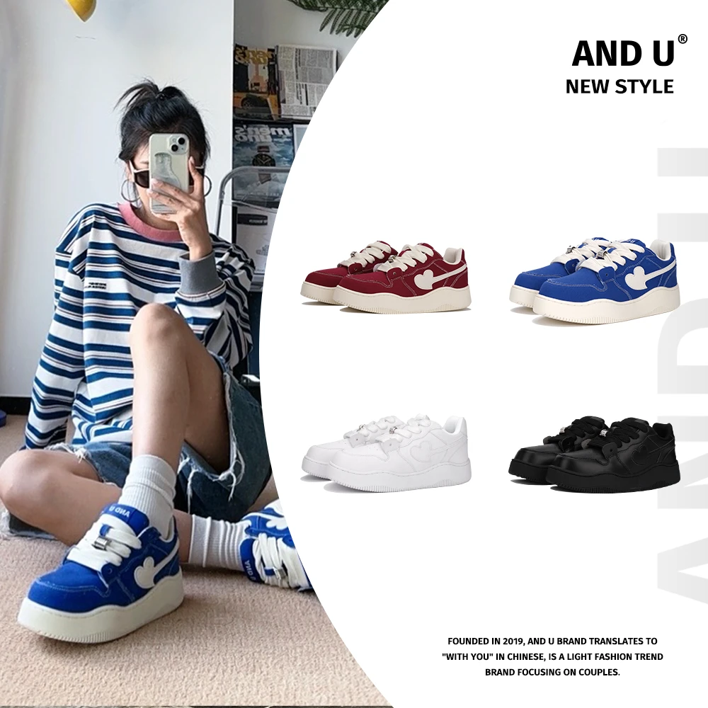 AND U休闲面包鞋百搭潮流厚底6CM增高爱心鞋情侣板鞋男女同款