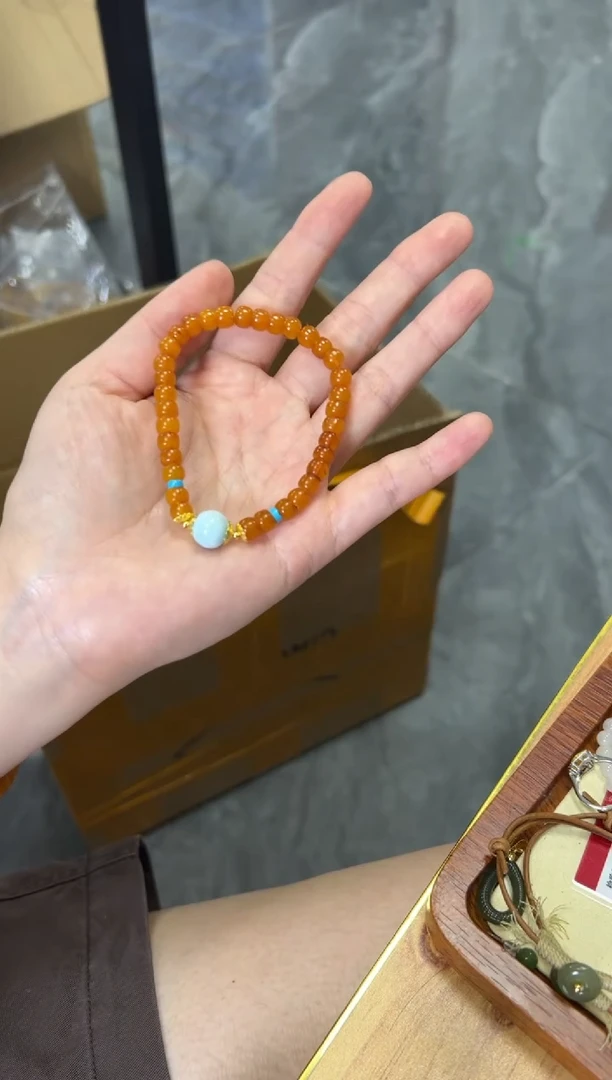 未镶嵌蜜蜡手链老蜜蜡桶珠海纹石手链[1787]