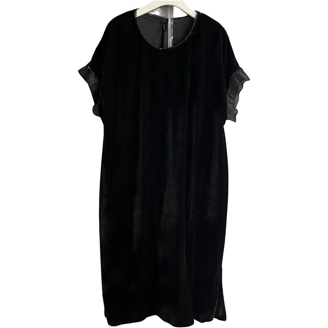 复古蕾丝边钉珠时尚女士圆领长款黑色连衣裙裙子