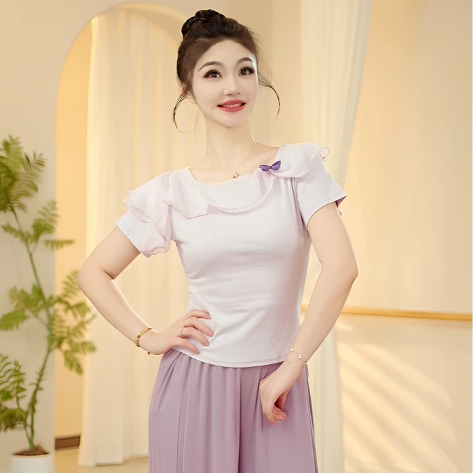 3611 D2025年现代舞蹈服夏季新款荷叶蝴蝶花边领短袖上衣