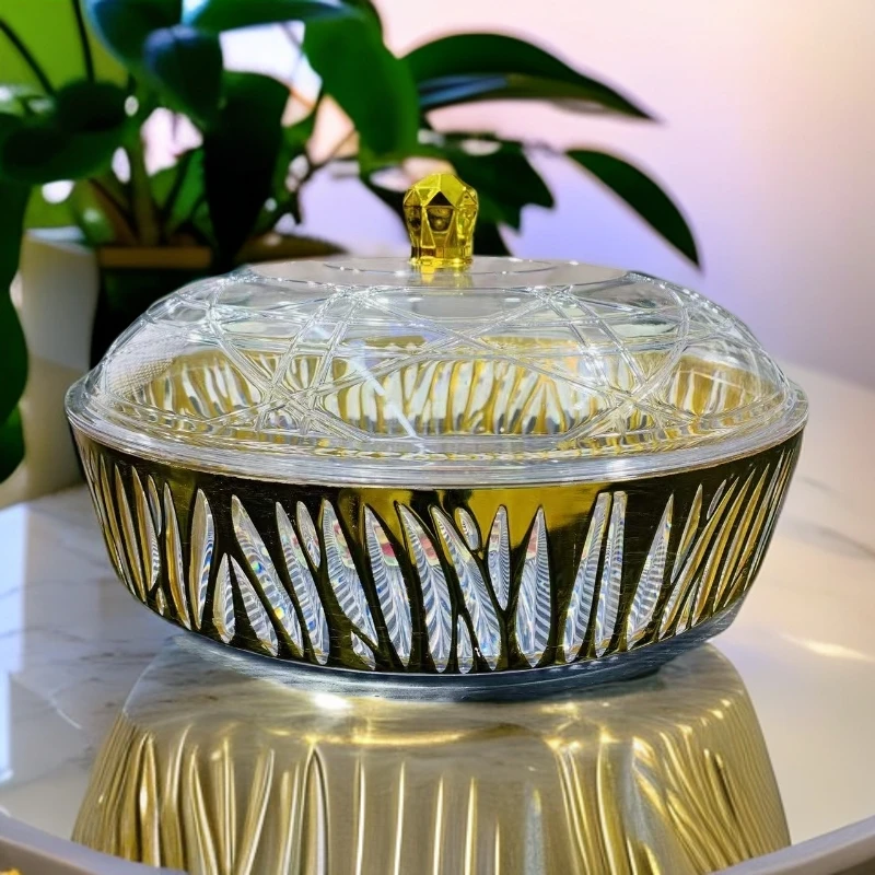 新疆包邮【30cm馕盒】亚克力透明馕盒带透明盖家用金色欧式透明果盘