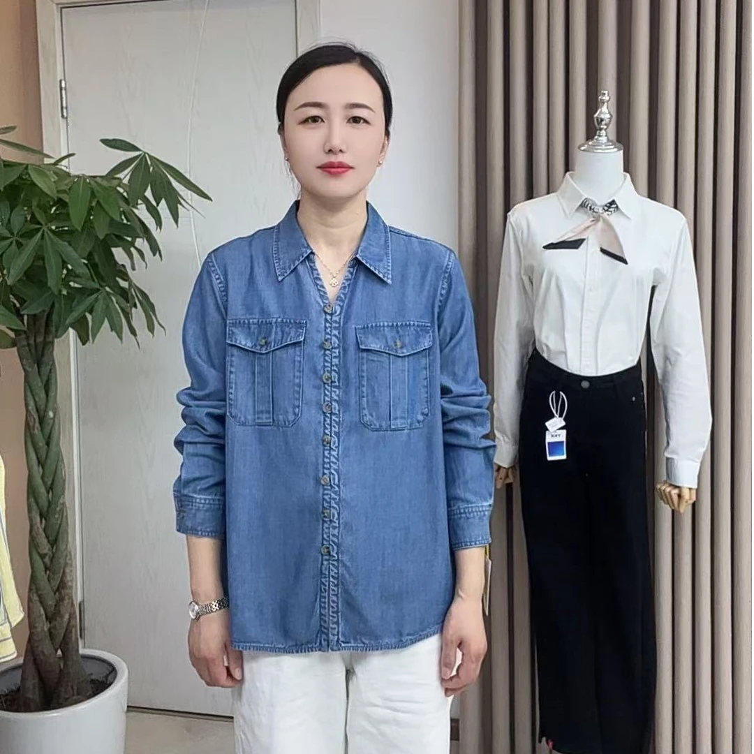 轻国风莱赛尔天丝V领牛仔衬衫女长袖春夏新款设计感小众宽松百搭