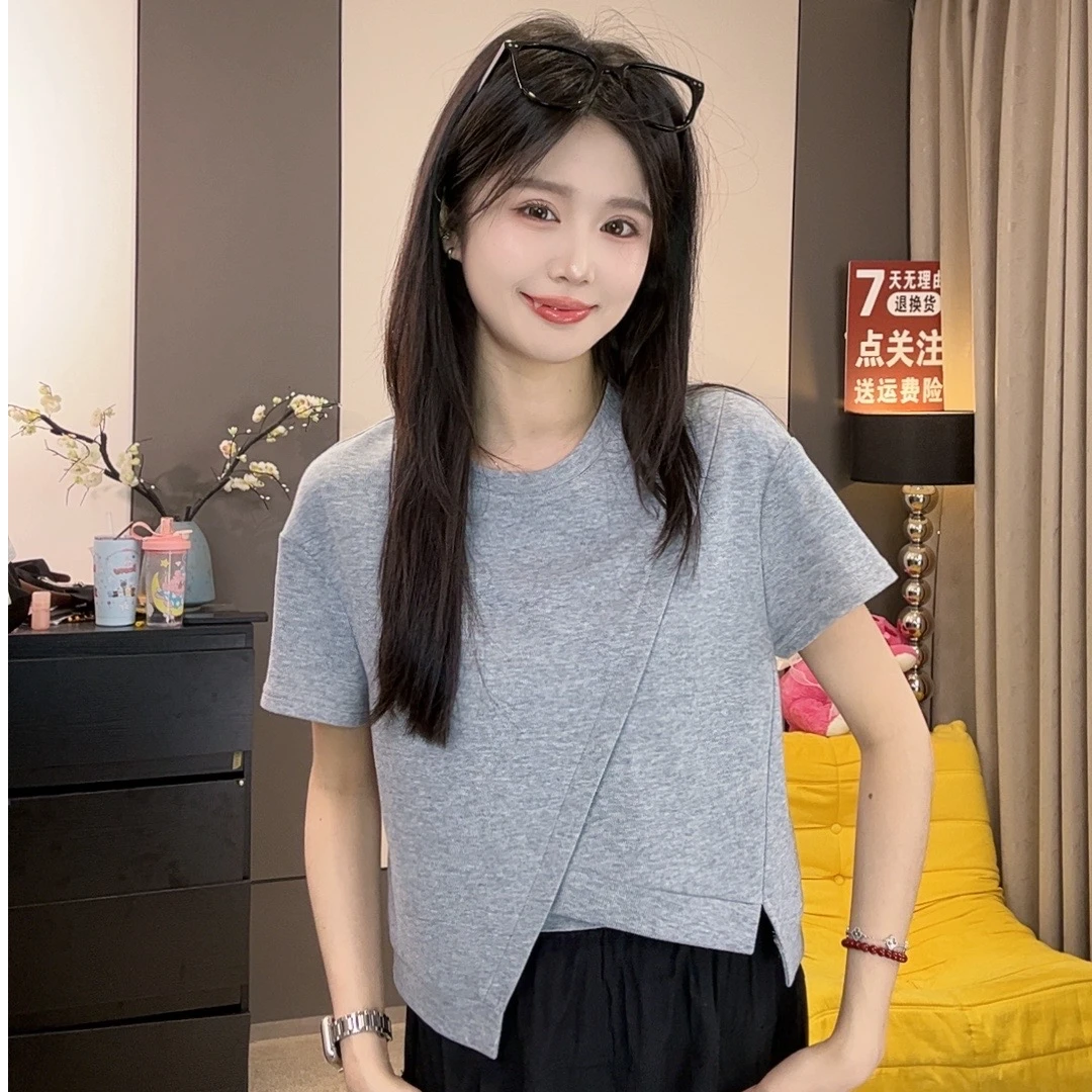 蔡小姐新款爆款夏季灰色圆领开叉正肩短袖t恤宽松设计感休闲上衣