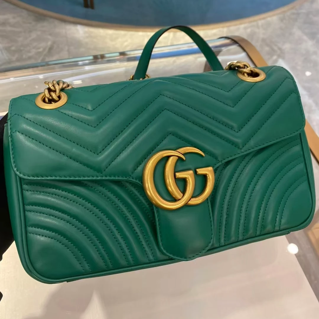 99新 GUCCI/古驰 绿金色马蒙中号/单肩包斜挎包/许可