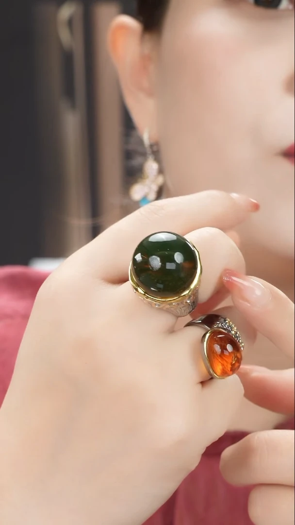 银S925镀金镶嵌吊坠(不含链)琥珀墨西哥蓝珀戒指