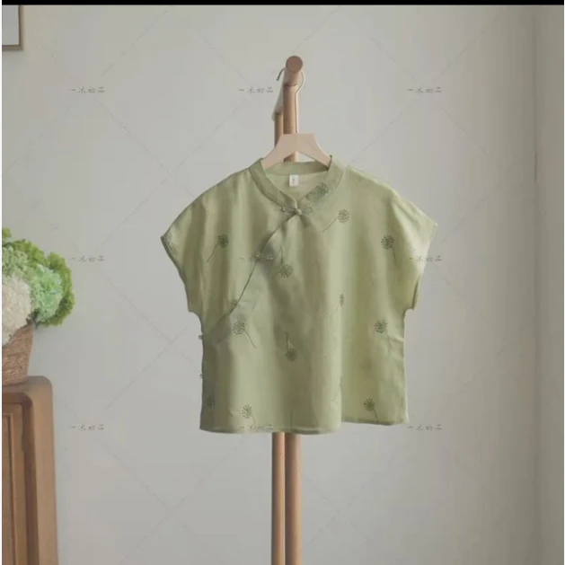 远山》原创新中式国风刺绣飞飞袖小衫夏季禅意上衣