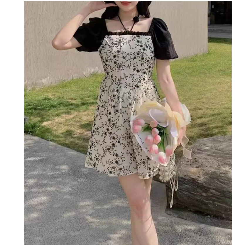 ML329723连衣裙碎花夏季高腰小个子挂脖式温柔风方领泡泡袖