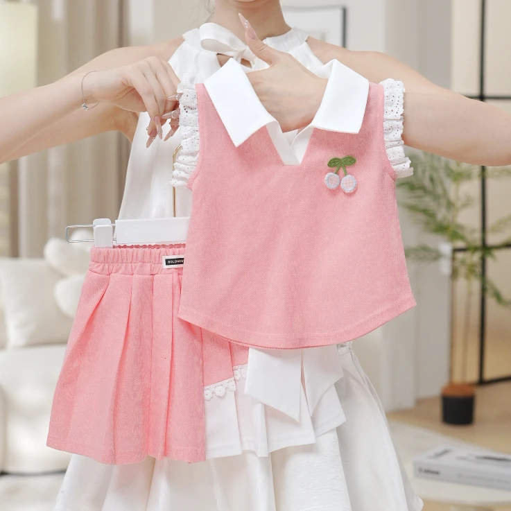 2025夏季新款女童粉色樱桃学院风无袖上衣百褶裙两件套SA30293