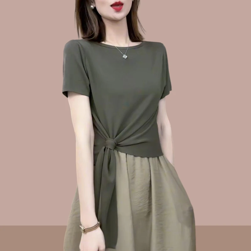 设计感洋气圆领短袖t恤女2025夏季不规则绑带修身显瘦时尚上衣服