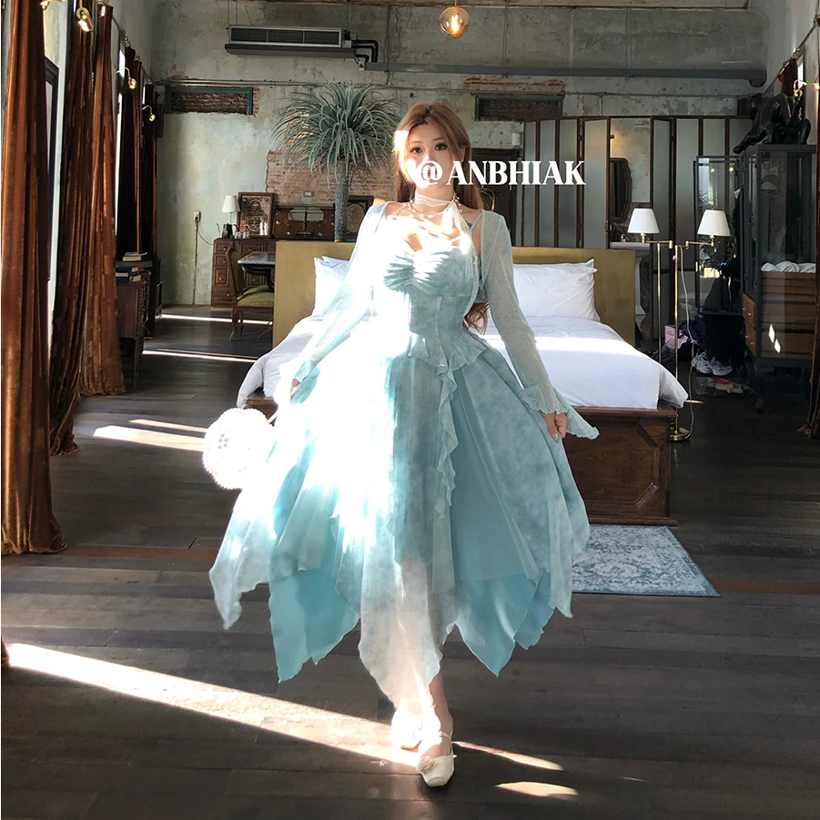 安妮不火【青杼纨扇】荷叶边晕染纯欲出游吊带连衣裙A251Q0265