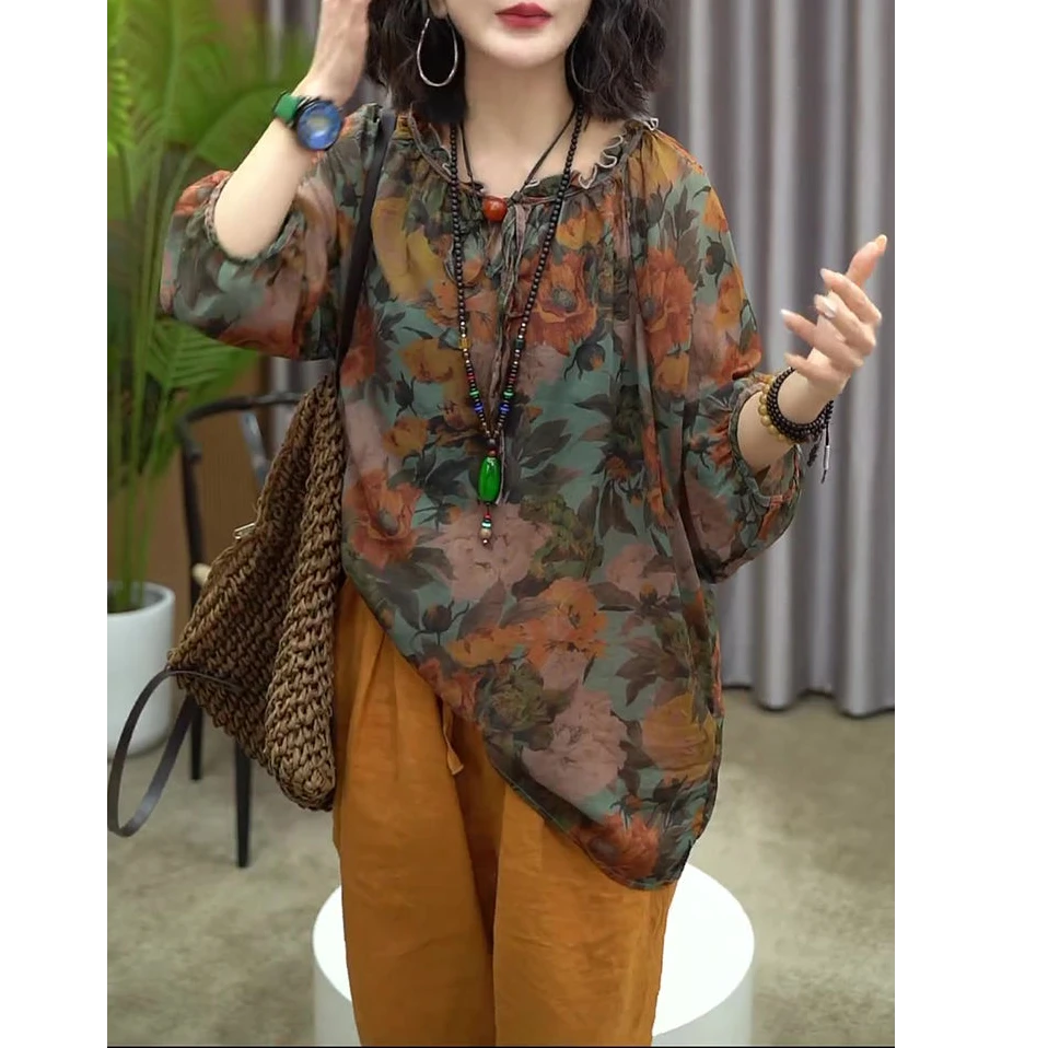 民族风气质套装女2025春秋新款复古印花上衣+哈伦裤裤子两件套装