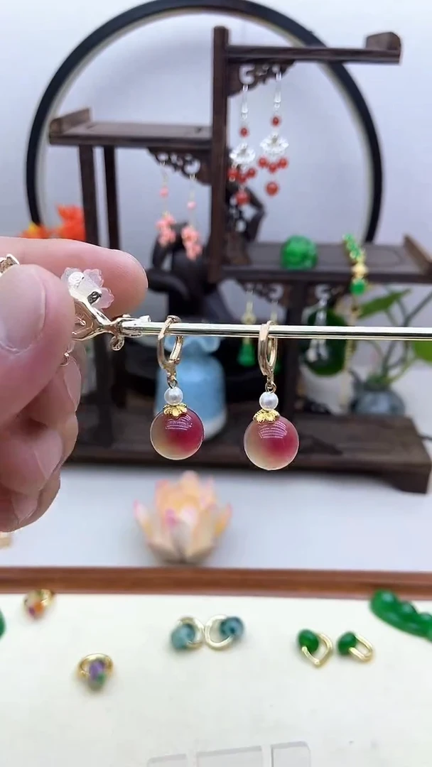 西瓜碧玺耳饰14K金镶嵌70号