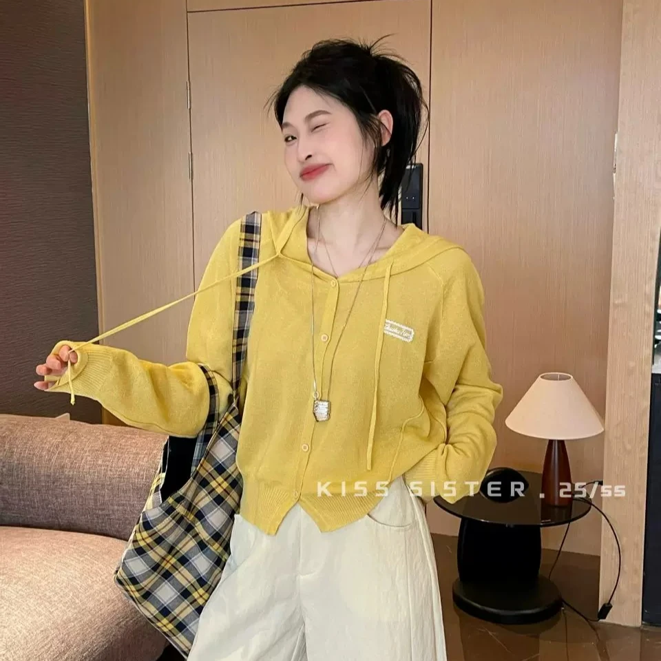 1012早春慵懒风抽绳连帽优雅洋气气质宽松针织开衫上衣