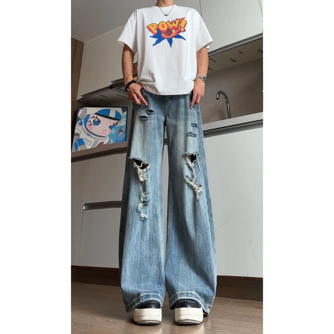 美式高街破洞牛仔裤男款cleanfit乞丐裤子痞帅复古潮流微喇长裤