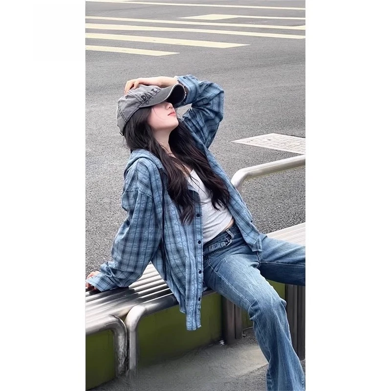 唐狮集团Varsden 夏季连帽长袖防晒衬衫薄款格子百搭休闲长袖衬衫