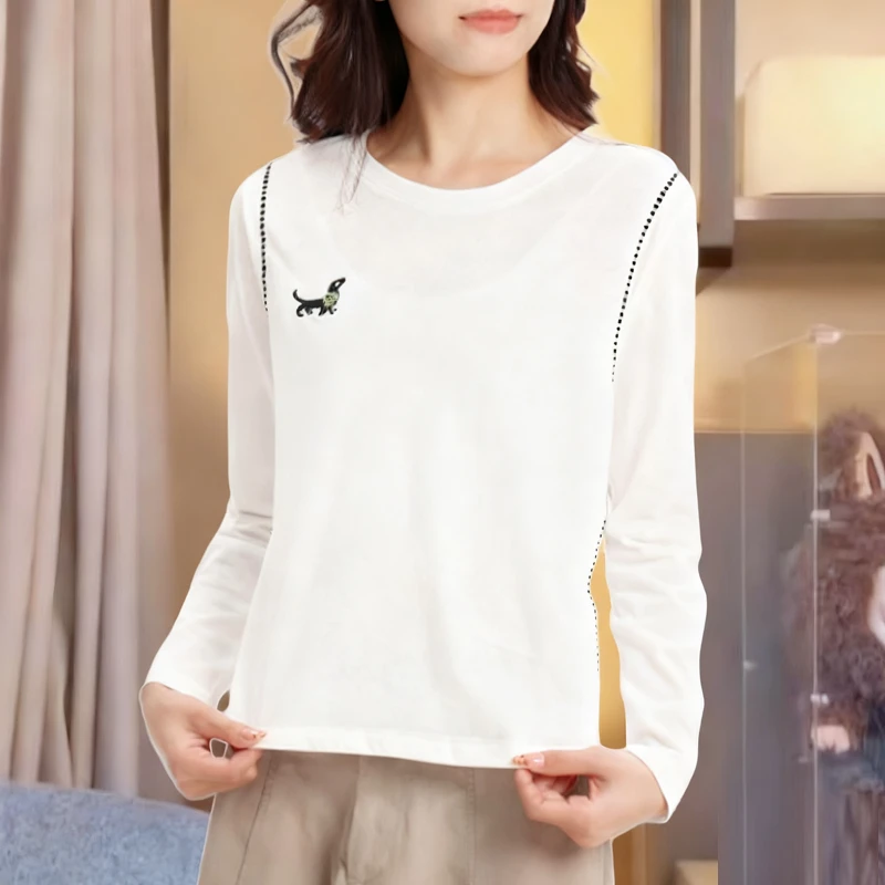 小众设计感刺绣小狗长袖t恤女2025春秋新款明线修身显瘦打底上衣