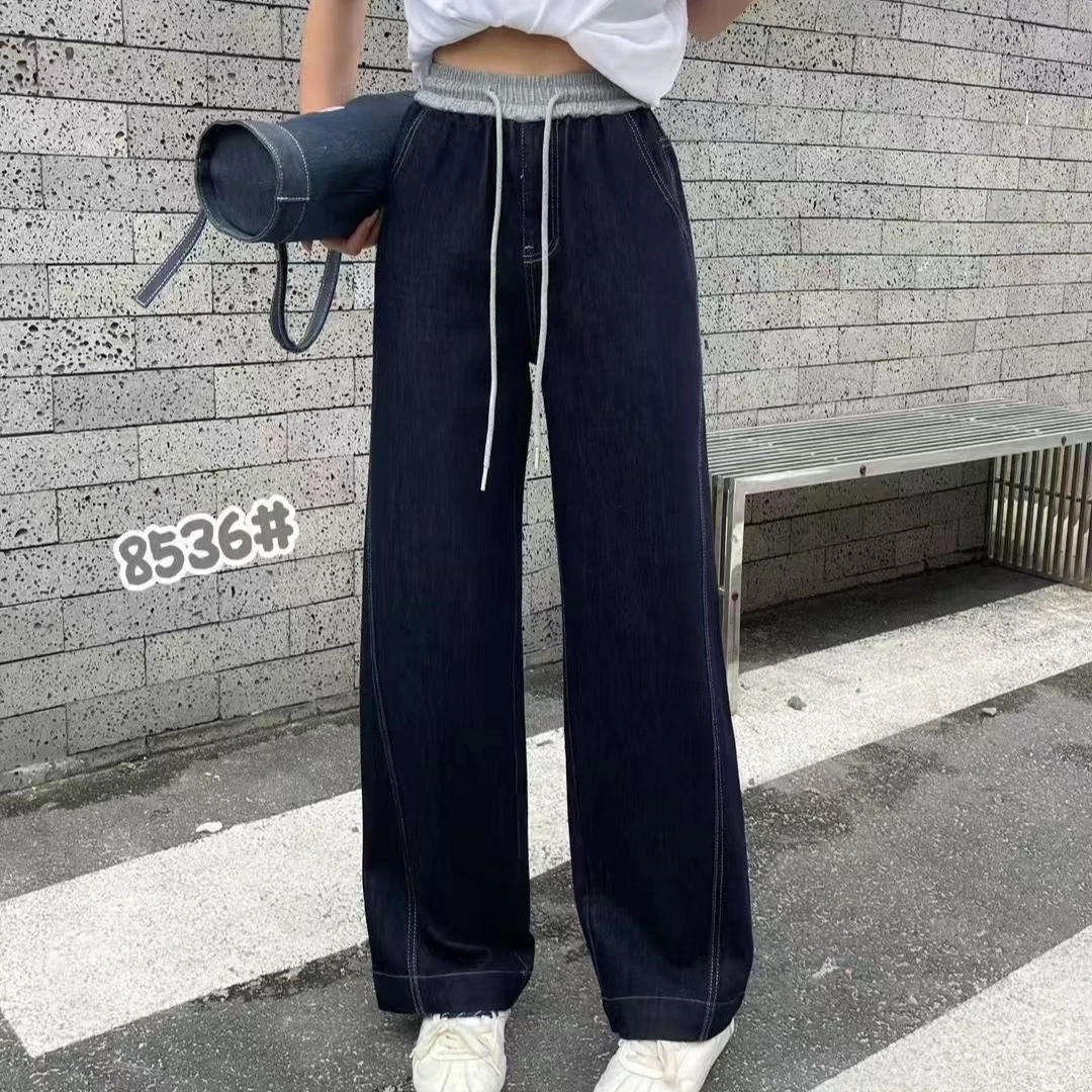 8536春季新款直筒阔腿裤松紧腰休闲长裤长度100-104