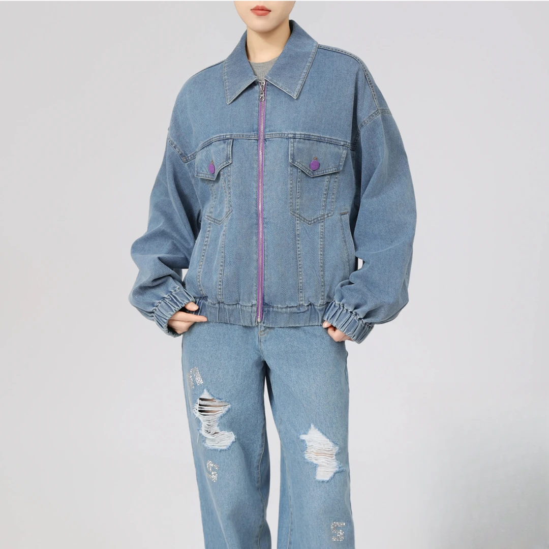 AMASS/阿玛施早春新款撞色上衣拉链落肩袖新巴恩风撞色牛仔短外套