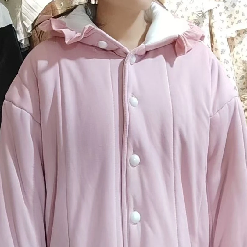 2024新款女士居家睡衣碎花连帽中长款棉花粉色时尚加绒加厚C保暖