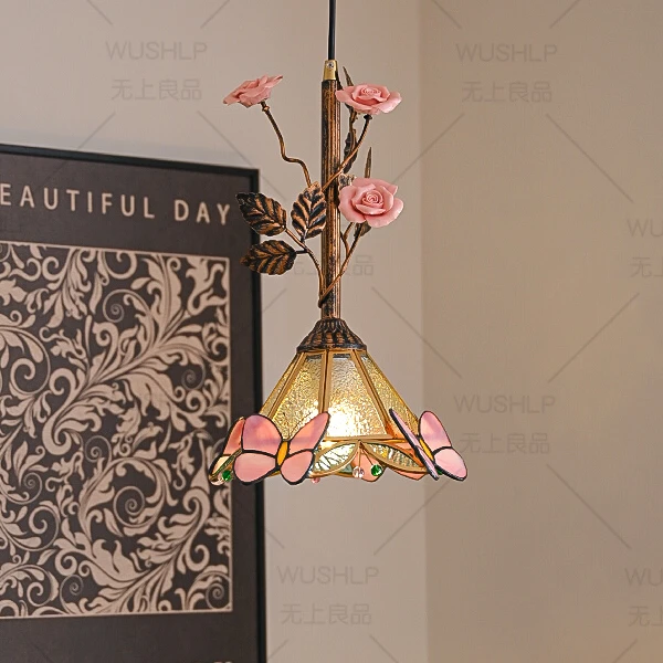 中古风玻璃吊灯床头玄关过道灯法式复古小吊灯高级感中古主卧灯