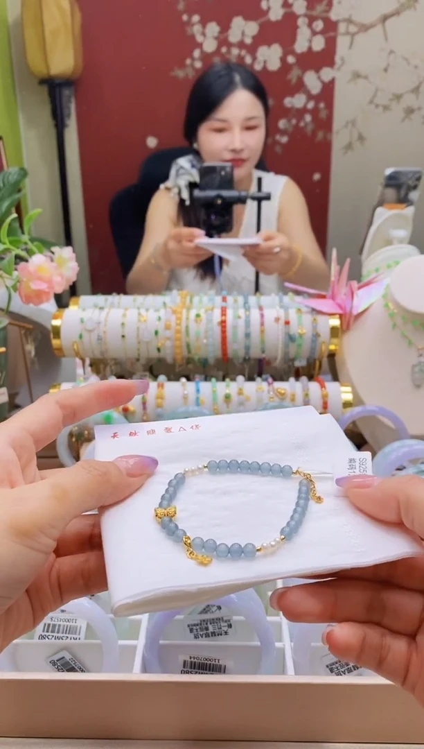 银S925镶嵌手链翡翠猫?50号猫姐/海蓝之谜手链