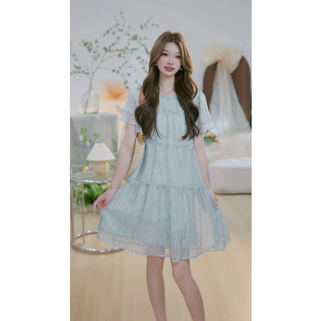 【月珑轻纱U】垂感木耳边温柔显白蛋糕裙宽松显瘦遮肉韩版连衣裙