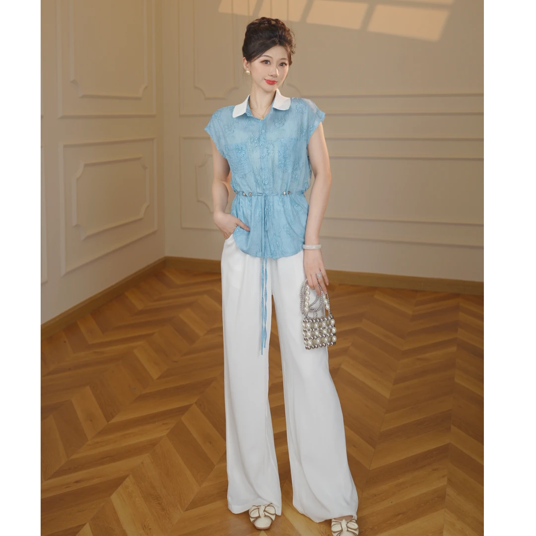 【张小小】【两件套】【有里布】2025新简约翻领小衫阔腿裤两件套D2786
