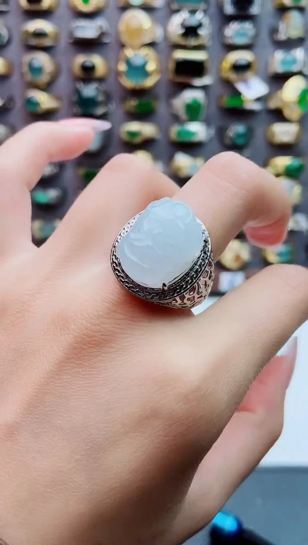 银S925镶嵌戒指翡翠天然翡翠男戒