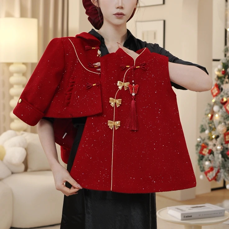 【庆】冬季女童小香风新中式蝴蝶爱心上衣外套背心裙两件套DA30931