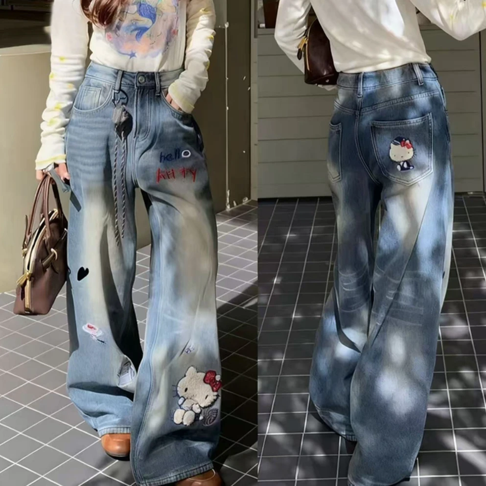 冬季韩系百搭时尚宽松加绒/单料 重工刺绣猫咪牛仔阔腿裤B3095