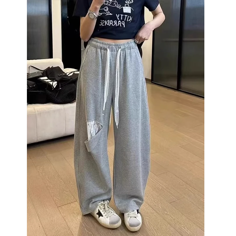 灰色蕾丝拼接破洞镰弯刀休闲卫裤女2025夏季薄款大码设计感香蕉裤