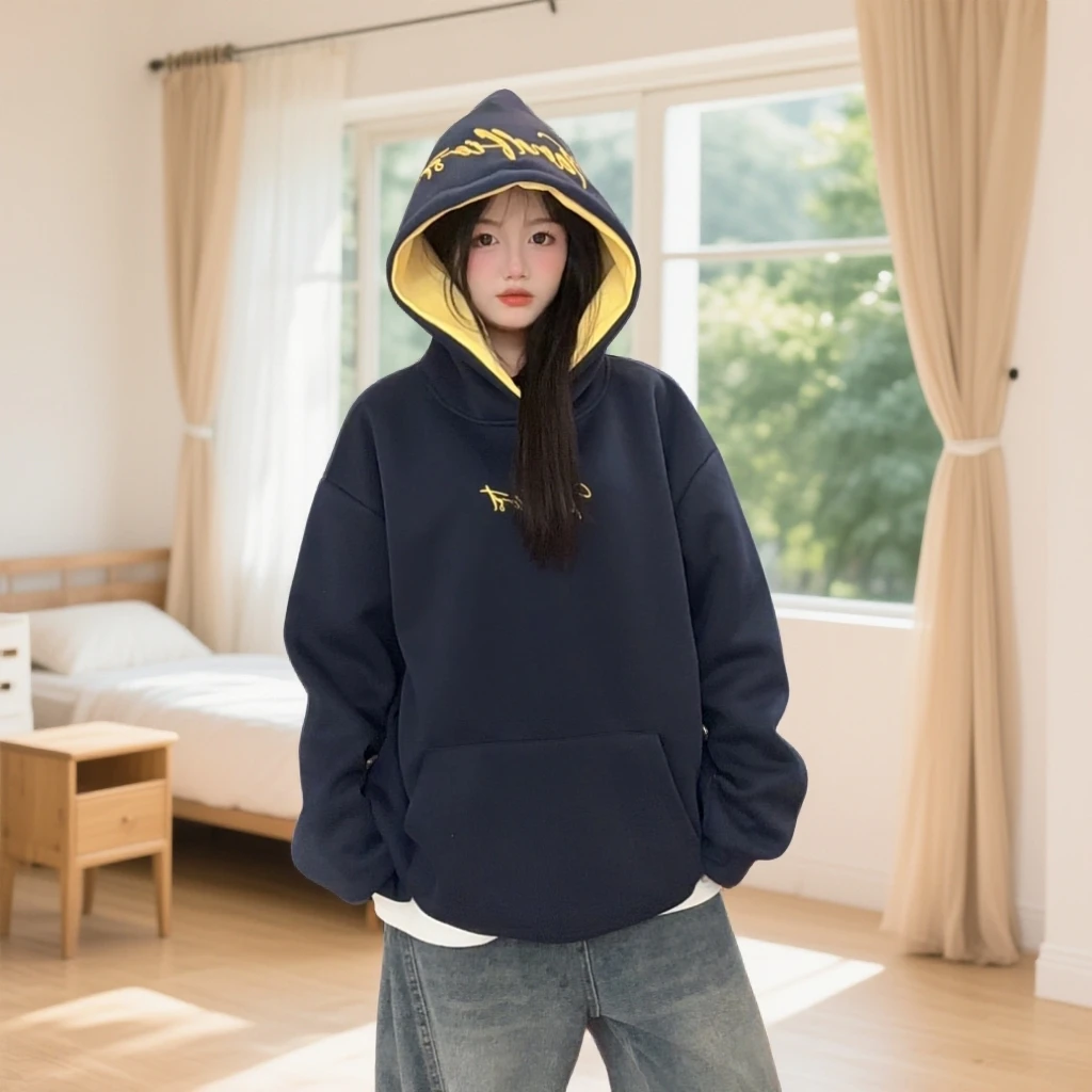 HandSeven美式撞色重磅甜美连帽卫衣刺绣字母ins风宽松情侣同款