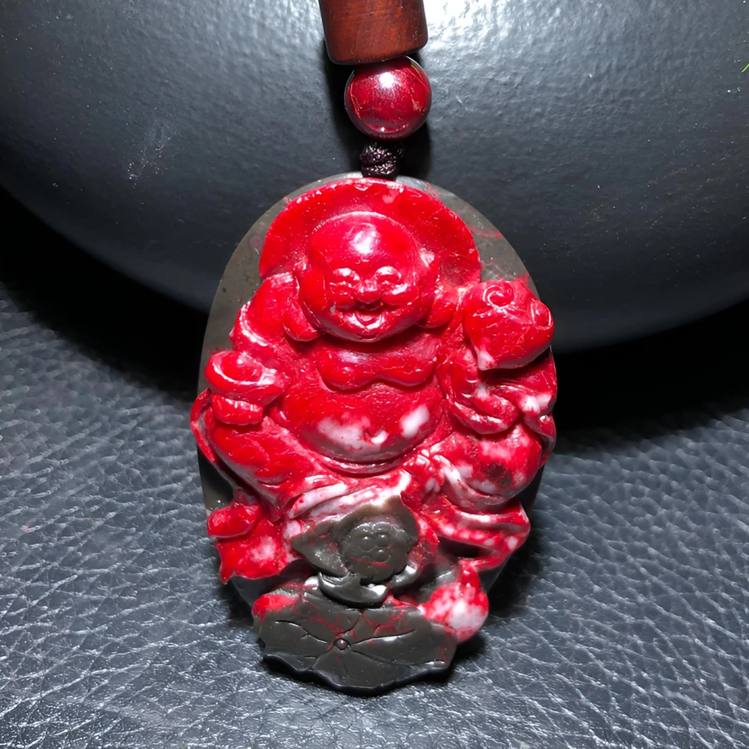 天然辰砂天然朱砂原矿石吊坠弥勒佛吊坠透光男女款保真正品朱砂