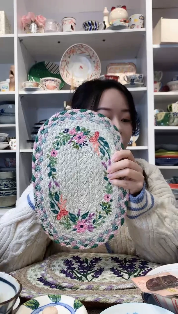 陶瓷孟加拉进口手工编织椭圆杯垫小号28cm