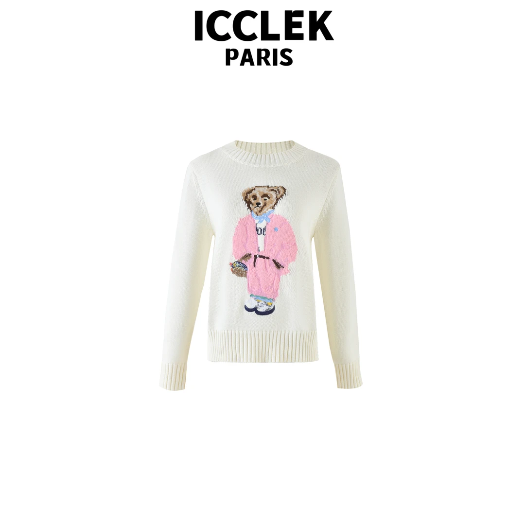 ICC 白色圆领小熊刺绣套头针织衫 长袖 灰色 名媛 -5123