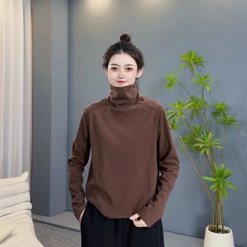 7619 高领长袖设计纯色休闲百搭套头宽松显瘦外穿内搭保暖打底
