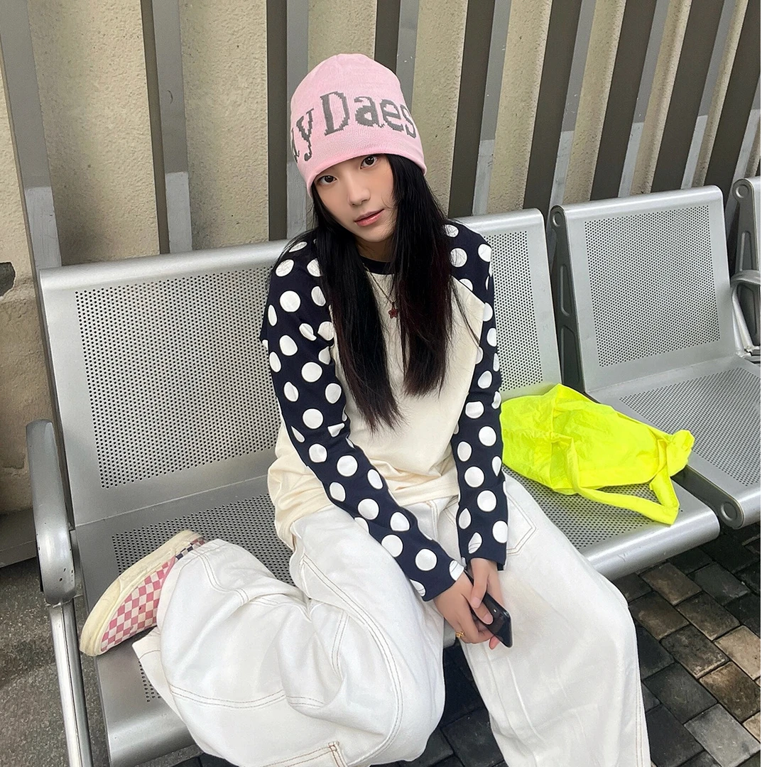 QYao Girls早秋韩系穿搭少女感拼接波点休闲长袖T恤女上衣设计感