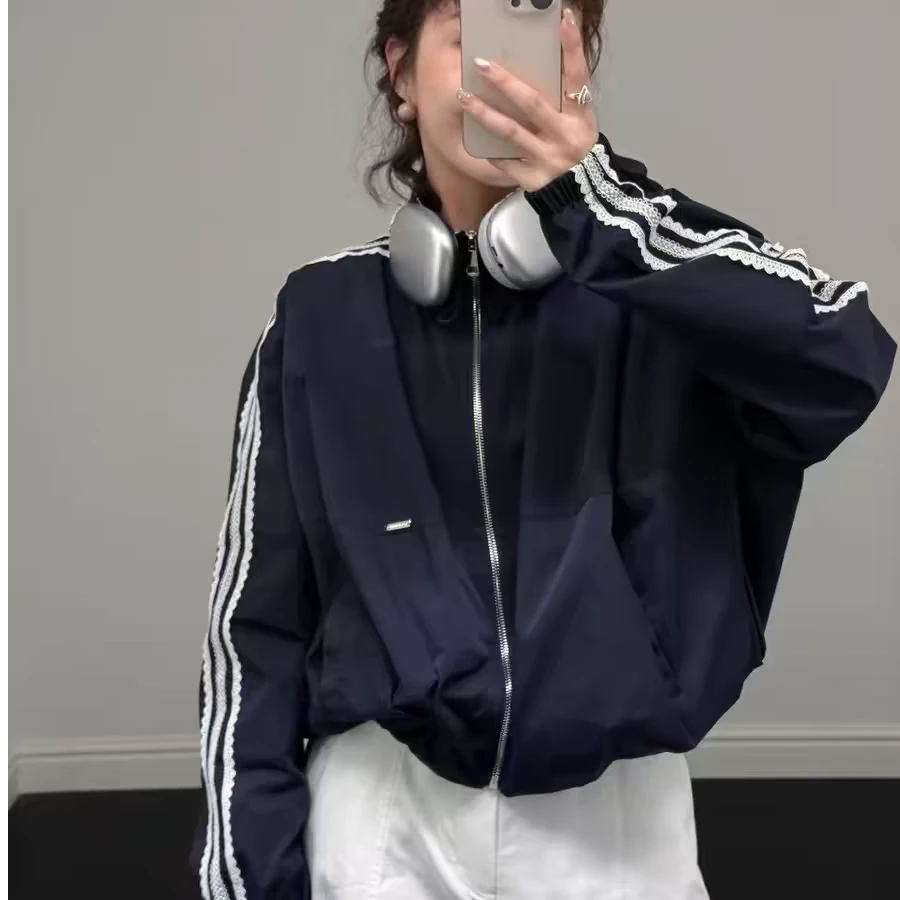 韩版蕾丝拼接立领短款夹克外套女2025早春宽松休闲百搭显瘦上衣