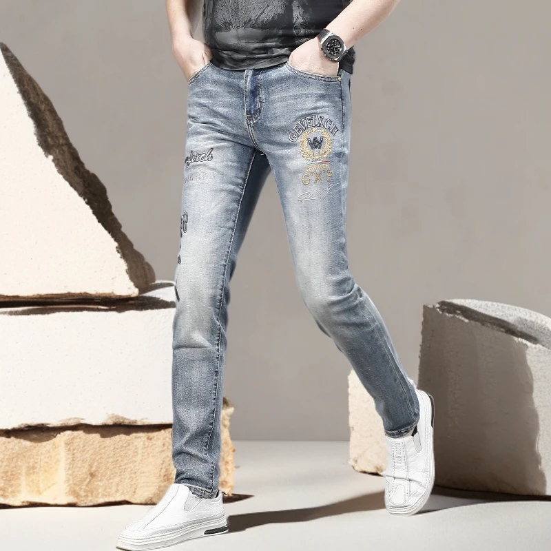 诺顿雷斯欧洲站潮牌牛仔裤男夏季新款字母刺绣印花百搭修身小脚裤