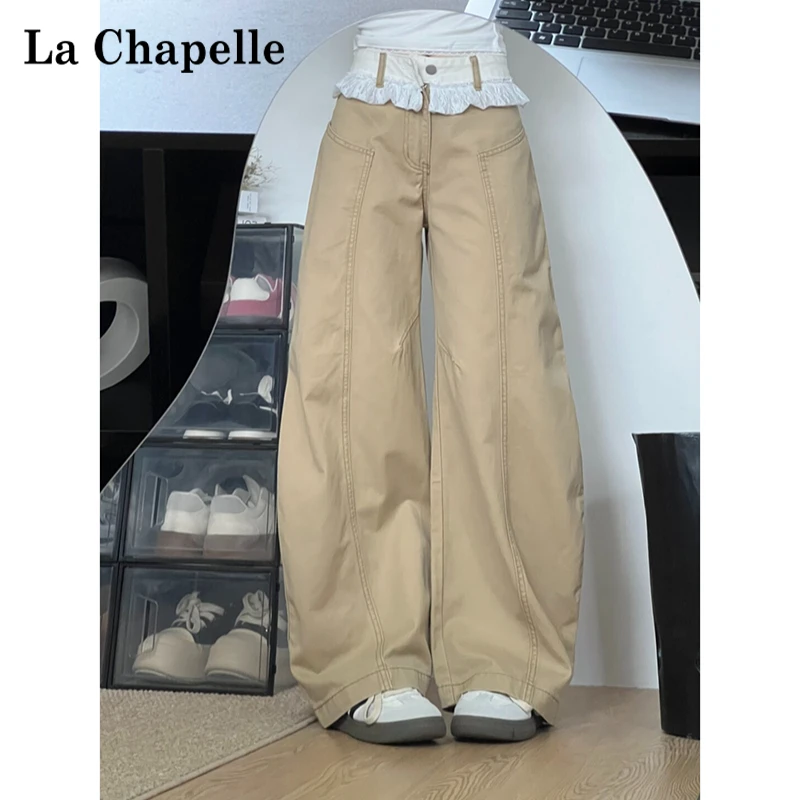 拉夏贝尔蕾丝花边阔腿牛仔裤小众女款宽松显瘦洋气休闲拖地直筒裤