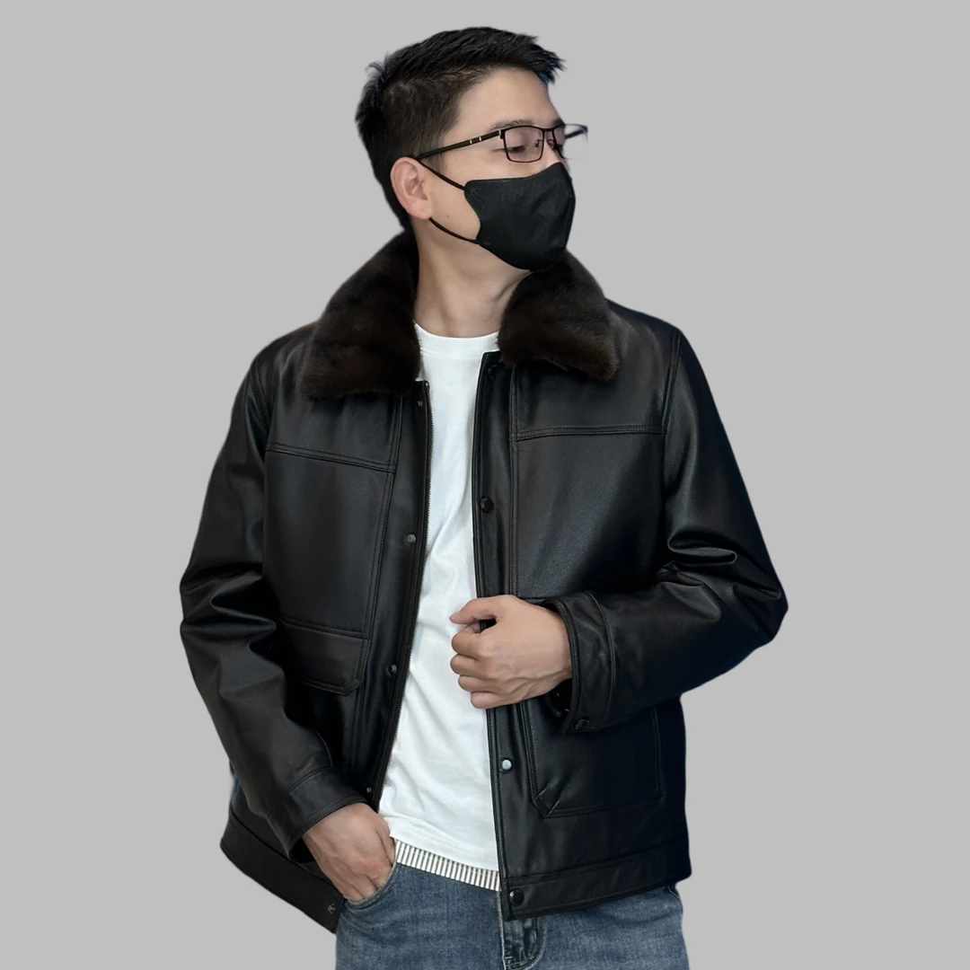 2251男士真皮休闲外套头层小牛皮翻领时尚修身中老年夹克反季皮衣