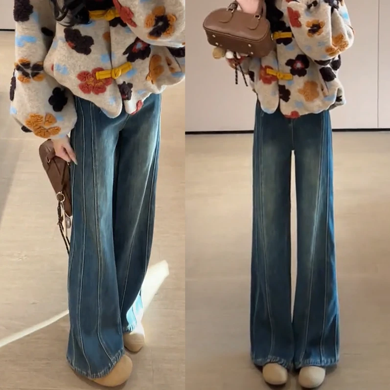 冬季设计感加绒/单料线条拼接牛仔不贴腿微喇裤b3147