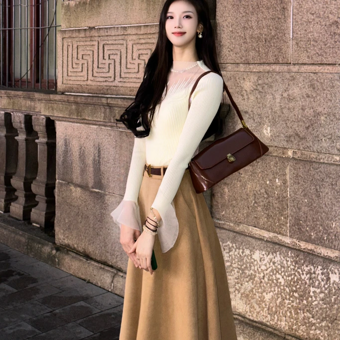 拉夏贝尔/25年秋冬新法式时尚气质百搭长袖上衣+半身裙 10686 YQJ